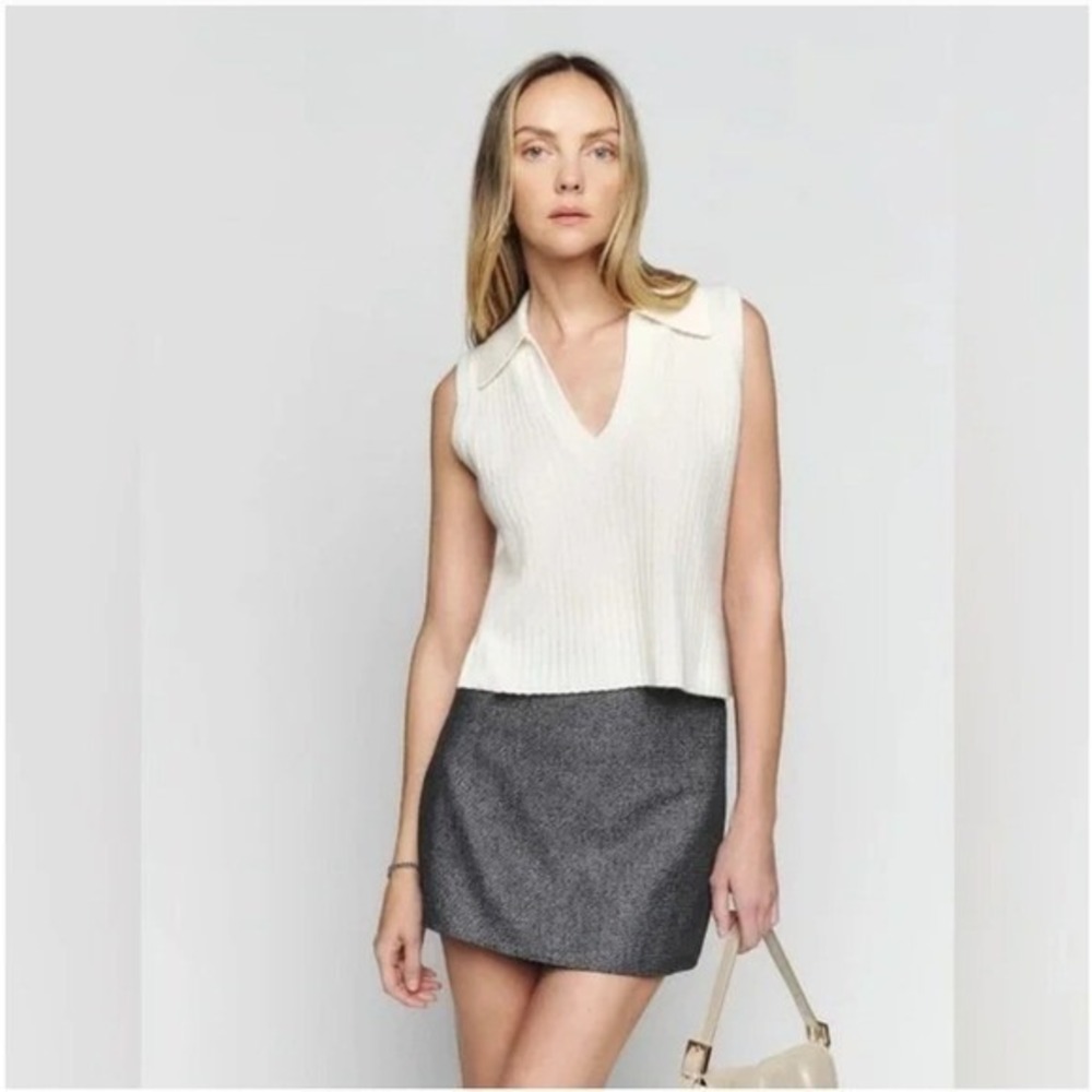 Reformation Sydney‎ Cashmere Collared Sweater Ribbed V Neck Ivory Size Large